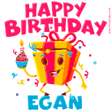A funny animated birthday GIF with the words 'Happy Birthday Egana', colorful gift box with arms and legs, holding a cupcake with a lit candle  with confetti everywhere.