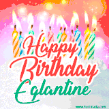 Bright birthday candles with rainbow flames on a cake, alongside the text 'Happy Birthday Eglantine' in vibrant script in this celebratory animated GIF.