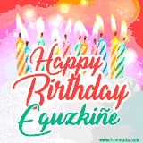 Bright birthday candles with rainbow flames on a cake, alongside the text 'Happy Birthday Eguzkiñe' in vibrant script in this celebratory animated GIF.