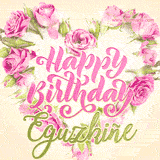 A stunning heart made of pink roses surrounds the elegant script text 'Happy Birthday Eguzkiñe' on a soft beige background. Animated sparkles add a magical and festive feel.