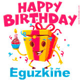A vibrant and funny gift box character with a happy face dancing with a cupcake and the text 'Happy Birthday Eguzkiñe,' surrounded by animated confetti and party vibes.