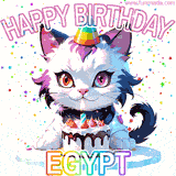 Adorable party-themed animated cat next to a lit birthday cake with text that says 'Happy Birthday Egypt,' surrounded by colorful decorations and sparkles.