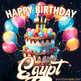 Bright birthday animation for Egypt with a chocolate cake, candles, balloons, and glowing celebratory lights.