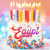 A cheerful white birthday cake with multicolor sprinkles, lit candles, and 'Egypt' written in vibrant letters, in an animated GIF.