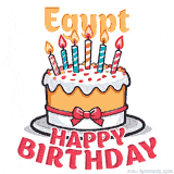 Cartoon birthday cake with a red bow, glowing candles, and 'Egypt Happy Birthday' text in bold animated style.