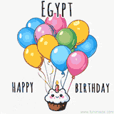 An adorable and cute cupcake with a smiley face and moving colorful balloons create a joyful birthday greeting for Egypt in this cheerful animated greeting E-card.