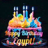 A mesmerizing animated cake with multicolor frosting and candles, and the words 'Happy Birthday Egypt' on the black background.