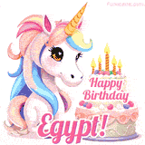An adorable animated unicorn with soft pastel colors sits beside a birthday cake with glowing candles, and a pink 'Happy Birthday Egypt!' words.