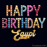 Vibrant luxury birthday greeting card for Egypt, showing glittering gemstone letters and golden calligraphy on a dark background with twinkling shine effects.
