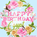 A charming animated GIF featuring 'Happy Birthday Egypt' in pink and green text, surrounded by delicate roses, leaves, and fluttering butterflies on a soft light blue pastel background.