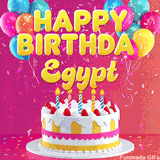 Pink-themed animated greeting with balloons, confetti, and a frosted cake under the message 'Happy Birthday Egypt' in bold rounded yellow font.