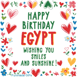 A colorful animated card for Egypt’s birthday featuring playful hearts, cheerful flowers, and a handwritten message wishing smiles and sunshine.