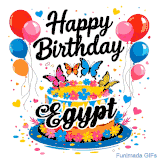 An animated birthday card for Egypt. It features a festive cake with her name, 'Egypt', and colorful butterflies. Floating balloons and hearts complete the joyful scene.