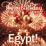 Shiny metallic balloons in gold and red floating above a red gift box with Egypts name in bold lettering at the bottom.
