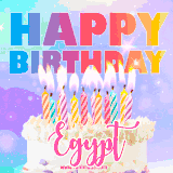 A vibrant animated name GIF with the words 'Happy Birthday Egypt' with colorful candles on a creamy cake. The background sparkles with pastel shades, adding a festive touch.