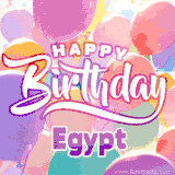 A vibrant name GIF featuring colorful balloons in shades of pink, orange, and yellow with the bold text 'Happy Birthday Egypt' in festive fonts, creating a lively birthday vibe.