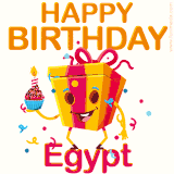 A vibrant and funny gift box character with a happy face dancing with a cupcake and the text 'Happy Birthday Egypt,' surrounded by animated confetti and party vibes.