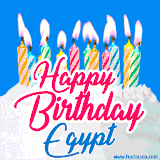 A cheerful animated GIF featuring colorful lit birthday candles on a white cake, with the text 'Happy Birthday Egypt' in bold red and blue script on a bright blue background.