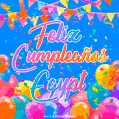 A vibrant animated GIF with 'Feliz Cumpleaños Egypt' written in colorful script, surrounded by balloons, confetti, and bunting on a bright blue background.