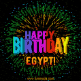 A colorful animated GIF featuring the text 'Happy Birthday Egypt!' in rainbow colors with a dynamic iridescent firework display in the background.