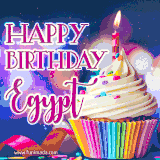A festive animated GIF featuring a colorful cupcake with a single lit candle, sprinkles, and 'Happy Birthday Egypt' text against a sparkling, celebratory background.