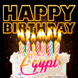 A vibrant animated GIF featuring a delicious birthday cake topped with glowing candles and the name 'Egypt' in elegant script, and the words 'Happy Birthday' on the black background.