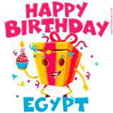 A funny animated birthday GIF with the words 'Happy Birthday Egypta', colorful gift box with arms and legs, holding a cupcake with a lit candle  with confetti everywhere.