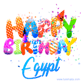 Animated GIF with colorful, festive 'Happy Birthday Egypt' text decorated with patterns, a party hat, and falling confetti. A vibrant and cheerful design for birthday celebrations.
