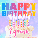 A vibrant animated name GIF with the words 'Happy Birthday Egzona' with colorful candles on a creamy cake. The background sparkles with pastel shades, adding a festive touch.
