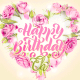A stunning heart made of pink roses surrounds the elegant script text 'Happy Birthday Eh' on a soft beige background. Animated sparkles add a magical and festive feel.