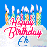 A cheerful animated GIF featuring colorful lit birthday candles on a white cake, with the text 'Happy Birthday Eh' in bold red and blue script on a bright blue background.