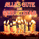 An animated GIF featuring 'Alles Gute Zum Geburtstag Eh' in glowing red and gold letters above a cake with colorful lit candles, set against a festive sparkling background.
