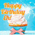 A cheerful animated GIF of a cupcake with creamy frosting, a red checkered ribbon, and a bright sparkler on top. The text 'Happy Birthday Eh!' is displayed in vibrant orange and red.