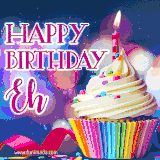 A festive animated GIF featuring a colorful cupcake with a single lit candle, sprinkles, and 'Happy Birthday Eh' text against a sparkling, celebratory background.