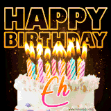 A vibrant animated GIF featuring a delicious birthday cake topped with glowing candles and the name 'Eh' in elegant script, and the words 'Happy Birthday' on the black background.