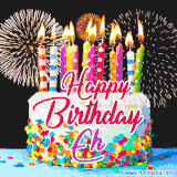 A lively happy birthday animated GIF showcasing a colorful birthday cake covered in sprinkles, topped with glowing candles, and surrounded by vibrant fireworks. The name 'Eh' is featured in elegant script.