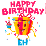 A funny animated birthday GIF with the words 'Happy Birthday Eha', colorful gift box with arms and legs, holding a cupcake with a lit candle  with confetti everywhere.