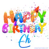 Animated GIF with colorful, festive 'Happy Birthday Eh' text decorated with patterns, a party hat, and falling confetti. A vibrant and cheerful design for birthday celebrations.