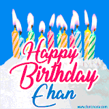 A cheerful animated GIF featuring colorful lit birthday candles on a white cake, with the text 'Happy Birthday Ehan' in bold red and blue script on a bright blue background.