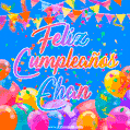 A vibrant animated GIF with 'Feliz Cumpleaños Ehan' written in colorful script, surrounded by balloons, confetti, and bunting on a bright blue background.
