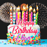 A lively happy birthday animated GIF showcasing a colorful birthday cake covered in sprinkles, topped with glowing candles, and surrounded by vibrant fireworks. The name 'Ehan' is featured in elegant script.