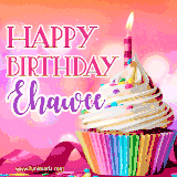 A vibrant birthday GIF featuring a rainbow-colored cupcake topped with white frosting, sprinkles, and a lit candle. The text reads 'Happy Birthday Ehawee' in bold pink and violet letters with white outline.