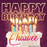 A colorful birthday cake topped with lit candles, with the words 'Happy Birthday Ehawee' in bold glowing letters on a burgundy background. Animated flames add a festive touch.
