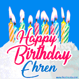 A cheerful animated GIF featuring colorful lit birthday candles on a white cake, with the text 'Happy Birthday Ehren' in bold red and blue script on a bright blue background.