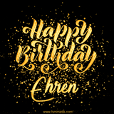 Animated GIF with colorful, festive 'Happy Birthday Ehren' text decorated with patterns, a party hat, and falling confetti. A vibrant and cheerful design for birthday celebrations.