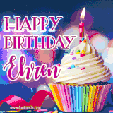 A festive animated GIF featuring a colorful cupcake with a single lit candle, sprinkles, and 'Happy Birthday Ehren' text against a sparkling, celebratory background.