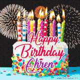 A lively happy birthday animated GIF showcasing a colorful birthday cake covered in sprinkles, topped with glowing candles, and surrounded by vibrant fireworks. The name 'Ehren' is featured in elegant script.