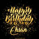 Animated GIF with colorful, festive 'Happy Birthday Ehsan' text decorated with patterns, a party hat, and falling confetti. A vibrant and cheerful design for birthday celebrations.