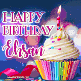 A festive animated GIF featuring a colorful cupcake with a single lit candle, sprinkles, and 'Happy Birthday Ehsan' text against a sparkling, celebratory background.