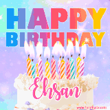A vibrant animated name GIF with the words 'Happy Birthday Ehsan' with colorful candles on a creamy cake. The background sparkles with pastel shades, adding a festive touch.